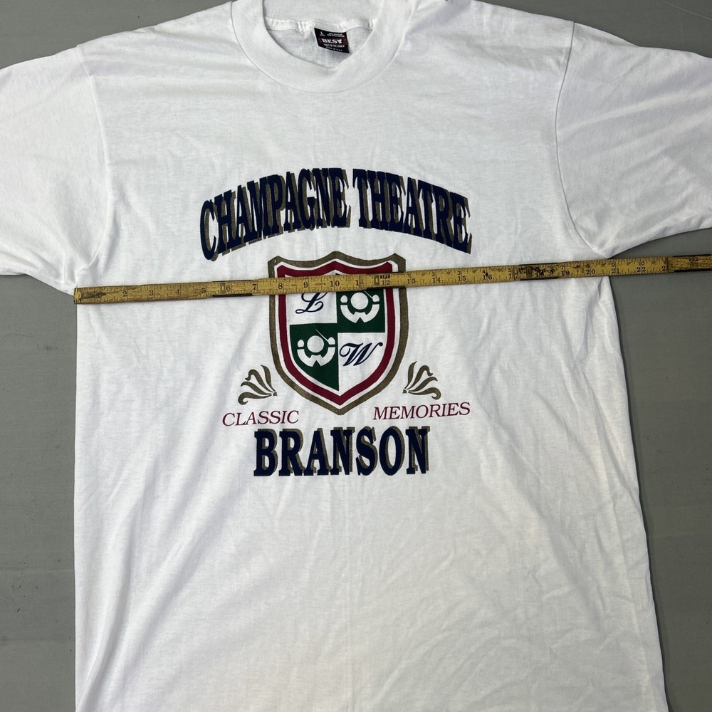VTG 90's Champagne Theatre Branson USA T Shirt L Fruit O The Loom Single Stitch - Picture 2 of 5